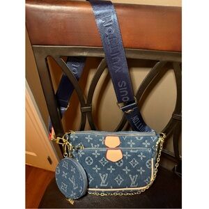 3 pc. Blue Monogram Denim Crossbody Bag